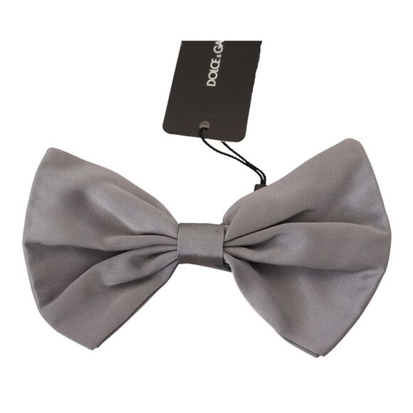 Dolce Gabbana Bow Tie Men Silver Gray Silk Adjustable Neck Men's